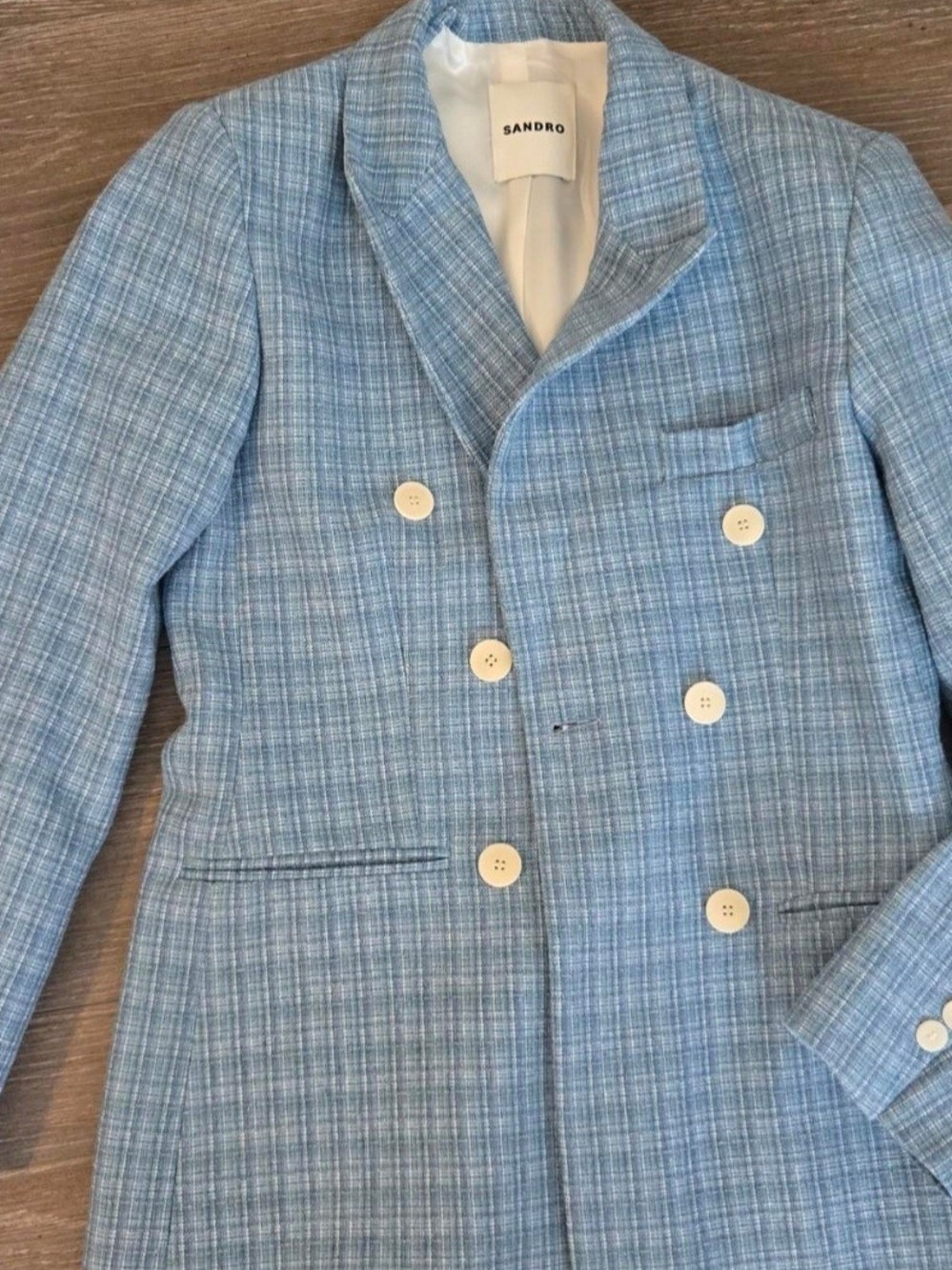 Sandro Light Blue Plaid Double-Breasted Sport Coat